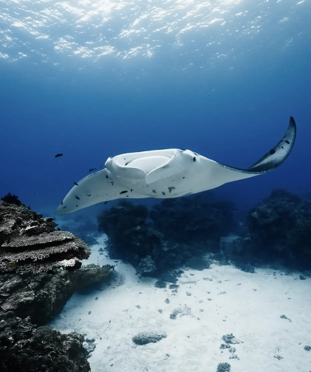 manta ray gliding near reef flat on lady elliot island